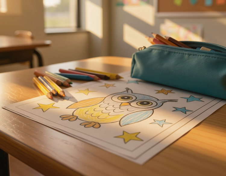 A printed owl and stars colouring page lying on an elementary school desk, illustrating classroom use of AI-generated colouring pages