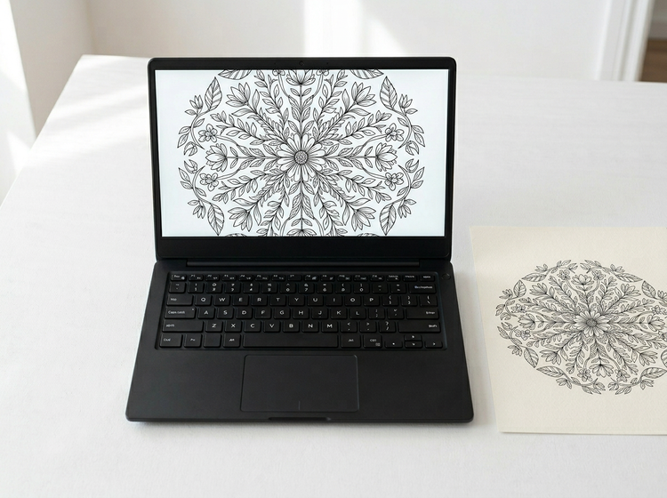 A laptop on a clean white desk displaying an intricate botanical mandala colouring page, used as a reference image in the AI colouring page generator