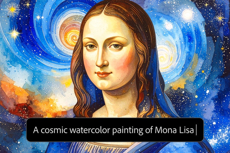 Cosmic-style watercolour illustration of the Mona Lisa set against a swirling, star-filled blue and gold galaxy background, overlaid with an UI text prompt reading, "A cosmic watercolour painting of Mona Lisa."