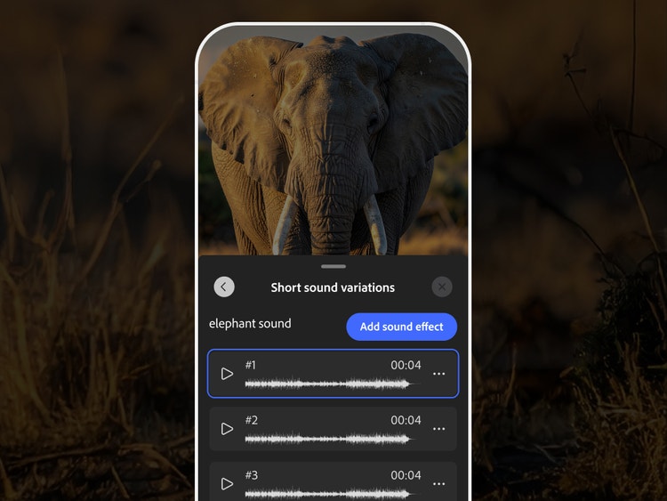 A smartphone screen showing an elephant and the Generate Sound Effects interface in the Firefly mobile app.