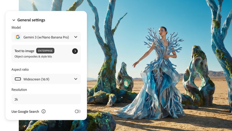 A woman in a desert wearing an sparkling blue dress that resembles a frozen or crystalline tree. She is surrounded by bare trees with blue and green glowing bits, covered in moss. To the right is UI for Nano Banana.
