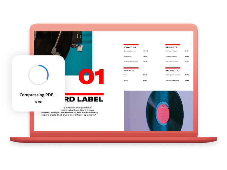 Dokument PDF v namiznem računalniku z vrtečim se kolesom, ki prikazuje stiskanje dokumenta PDF