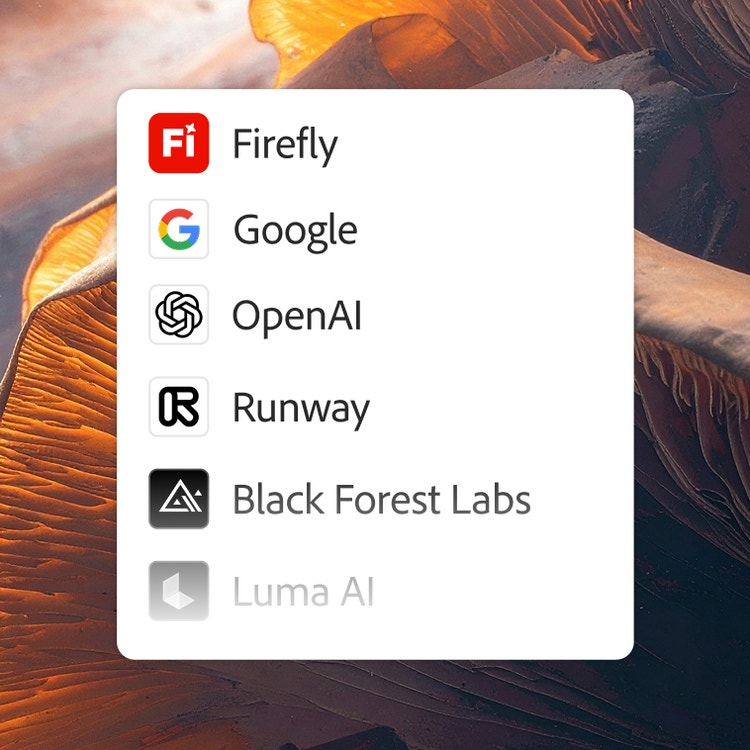 Slika, generirana z umetno inteligenco z orodjem Ideogram, prikazuje seznam orodij umetne inteligence, vključno s programi Firefly, Google, OpenAI, Runway, Black Forest Labs, Pika in Luma AI