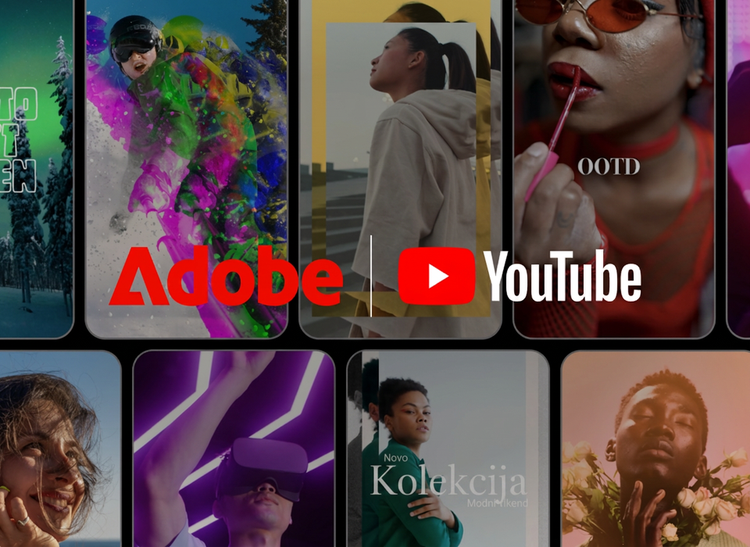 Sličice kratkih videoposnetkov Youtube Shorts – ženska z rdečkastimi očali, deskar na snegu, ženska s slušalkami za navidezno resničnost in moški s cvetjem – s prekritimi logotipi Adobe in YouTube.