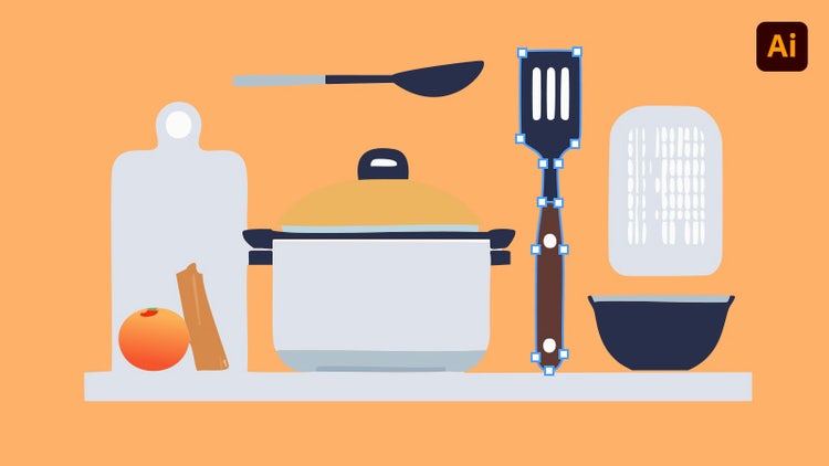 Kitchen tools, food, and ingredients, corporate Memphis style