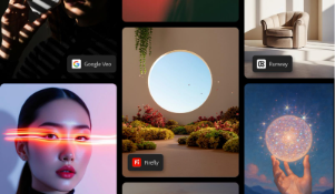 Z umetno inteligenco urejen kolaž, ki prikazuje partnerske modele za generiranje slik in videoposnetkov v programu Firefly, kar vključuje storitve Google Veo, Runway in Firefly, skupaj z vizualnimi podobami svetleče krogle, slikovite pokrajine.