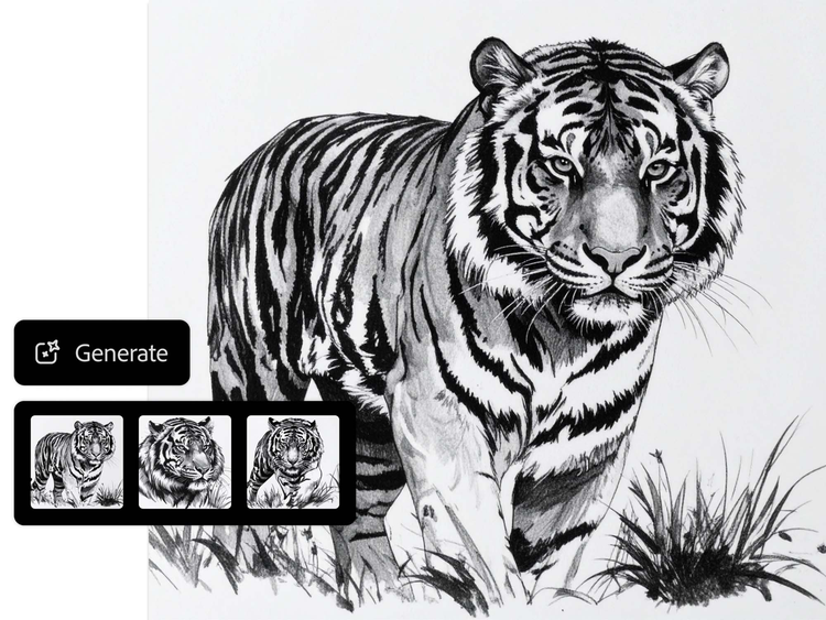 Črno-bela črtna ilustracija tigra, ki hodi skozi travo, prikazana z gumbom »Generirajte« in predogledi sličic alternativnih skic tigra.