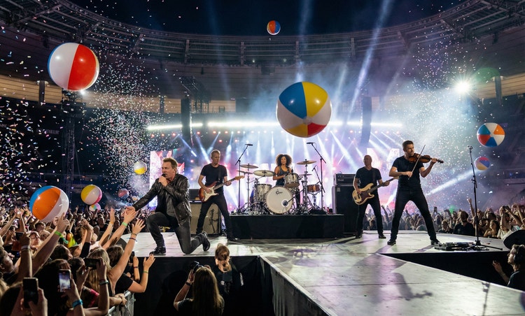 Rock skupina igra na polnem stadionu navdušenemu občinstvu, medtem ko padajo konfeti in žoge za na plažo.