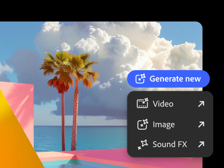 https://main--cc--adobecom.aem.page/cc-shared/assets/video/product/firefly/ai-video-editor/media_13b3ea3e42064a7f180a846cdfc7d6055fc2986f3.mp4#_autoplay | Nadrealističen digitalni prizor z dvema palmama na rožnati in modri geometrijski platformi, obdani z oceanom in oblačnim nebom; vključuje prekrivni meni z možnostmi za generiranje videoposnetka, slike in zvočnih učinkov.