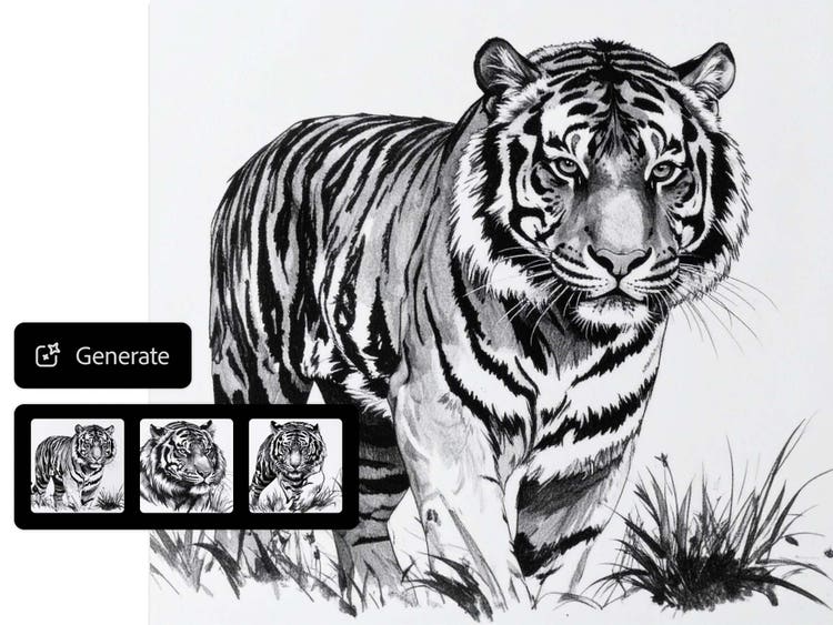 Črno-bela črtna ilustracija tigra, ki hodi skozi travo, prikazana z gumbom »Generirajte« in predogledi sličic alternativnih skic tigra.