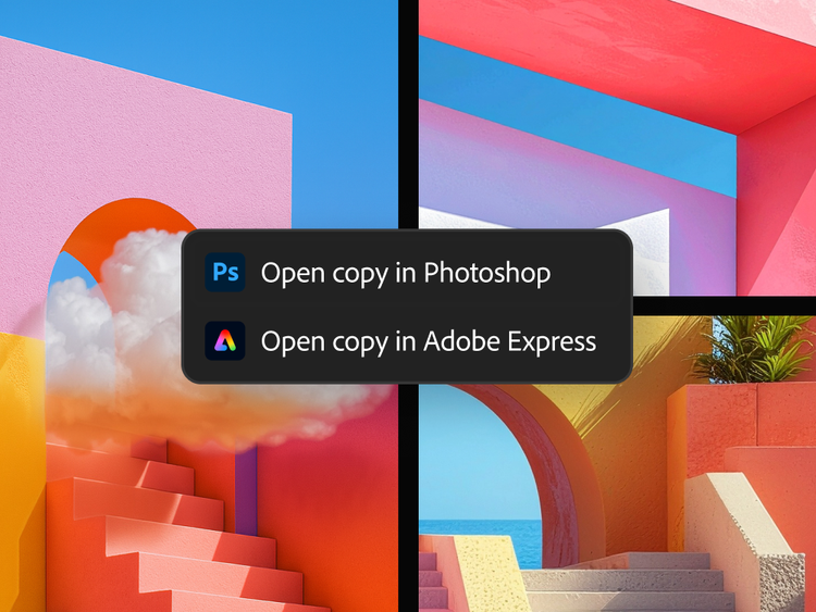 Slika prikazuje integracijo Photoshopa in Adobe Expressa z orodjem za izdelavo razpoloženjskih kolažev na živahni podlagi lokov, stopnic in drznih barv.