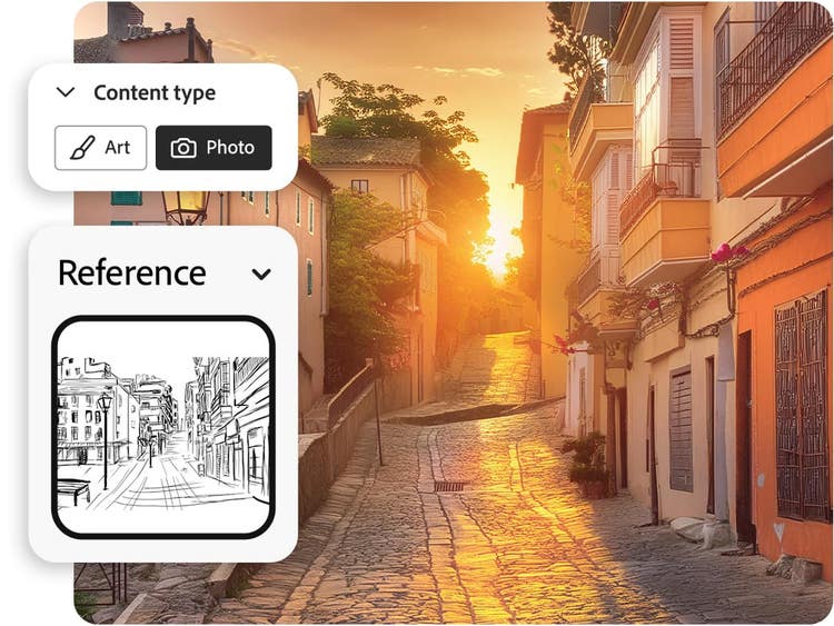 Referenčna črtna skica mestne ulice, pretvorjena v fotorealistično digitalno umetnino v orodju za pretvorbo skice v sliko