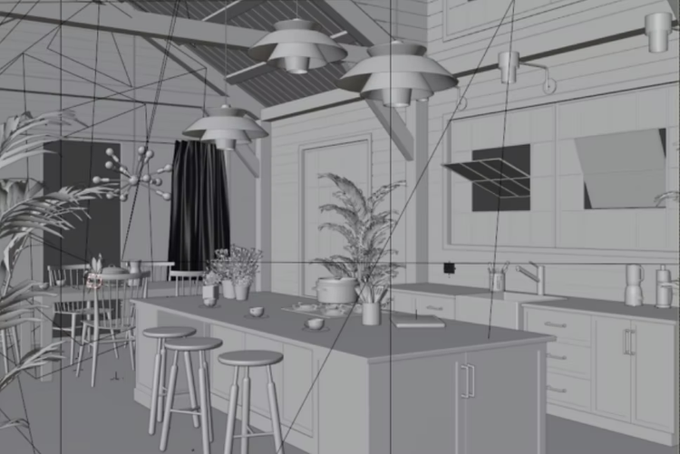 3d architectural rendering of kitchen island