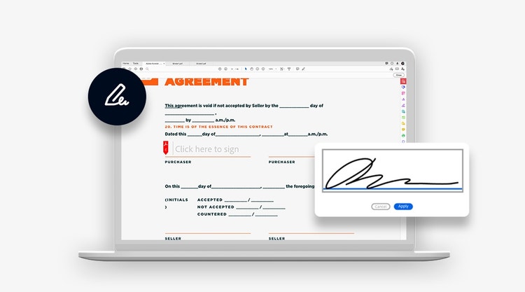 A digital contract agreement is mocked up on a laptop with Acrobat Sign tool and icon overlaid