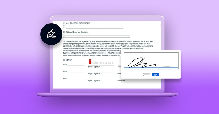 A graphic of adding a signature to a PDF document on a laptop computer against a purple background.