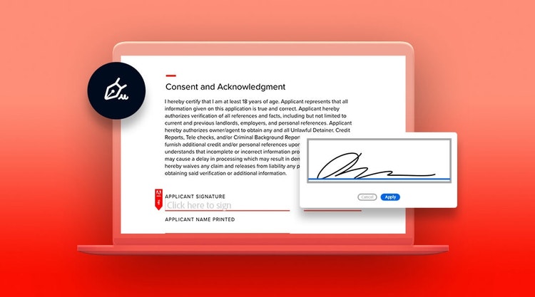 A graphic of signing a document on a laptop