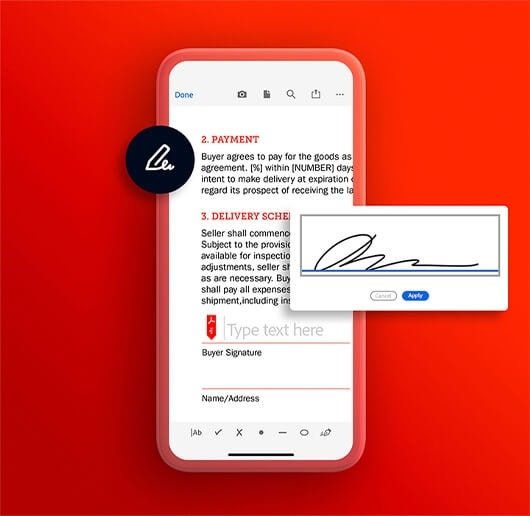 A zoom-in of a signature next to a mobile phone signing a promissory note using Adobe Sign