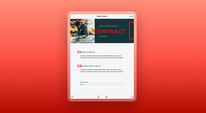 A contract for manufacturing services displays on a tablet.