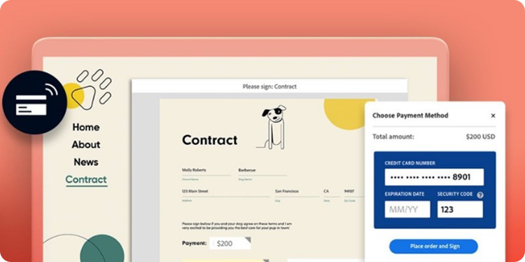laptop zobrazujúci zmluvu v aplikácii Adobe Acrobat s kontextovým oknom na výber spôsobu platby