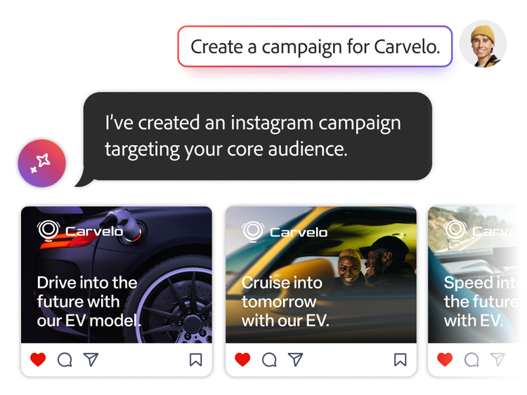 Tri reklamy na Instagrame pre kampaň elektromobilu Carvelo s futuristickými sloganmi.