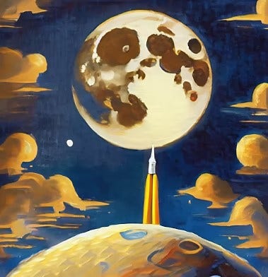 mesiac na oblohe v splne, ku ktorému smeruje raketa, v štýle olejomaľby majstra holandského zlatého veku