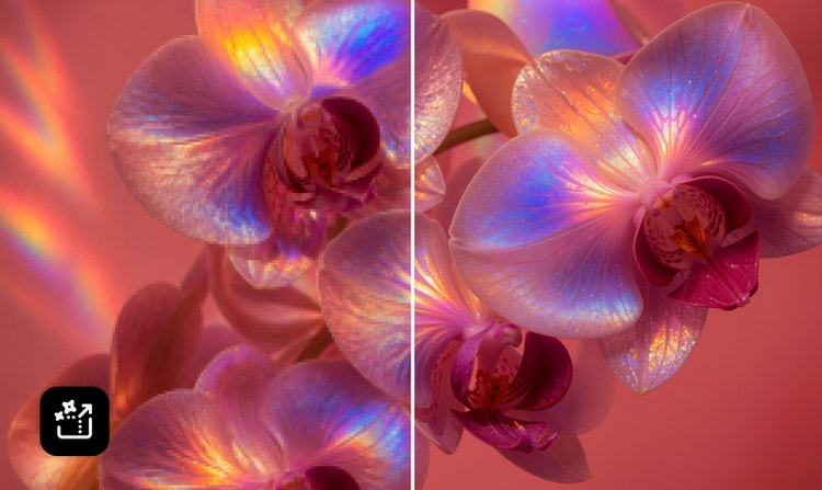 Rozhranie nástroja Firefly zobrazujúce porovnanie dúhovo sfarbených orchideí pred úpravou a po nej. Vylepšená verzia sa vyznačuje ostrejšími detailmi, bohatšími farbami a väčšou čistotou obrazu, čo ilustruje výstup vo vysokom rozlíšení pri videu vygenerovanom pomocou AI.