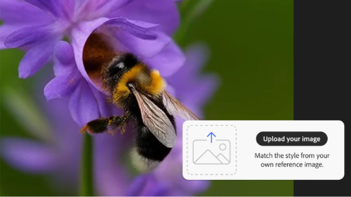 Makrofotografia včely na fialovom kvete použitá na generovanie videa so zobrazeným rozhraním na výber referenčného štýlu
