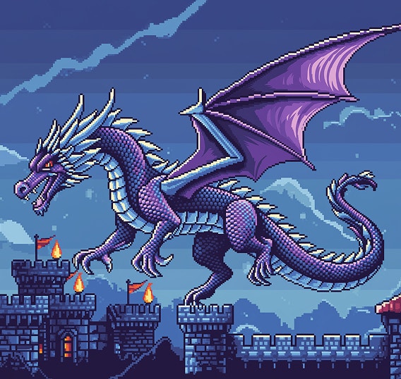 Pixel art vygenerovaný umelou inteligenciou, na ktorom fialový drak letí v noci ponad stredoveké hradné veže.