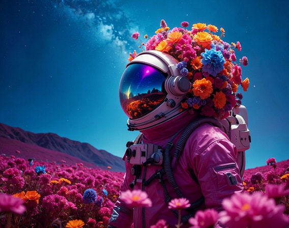 Fotografia osoby, ktorá má astronautskú prilbu pokrytú korunou pestrofarebných kvetov a stojí na jasnom modrom pozadí, vygenerovaná umelou inteligenciou.
