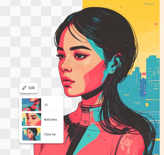 Ilustrácia ženskej postavy je upravená pomocou nastavení štýlu pre 3D, výrazné línie a detailný záber.