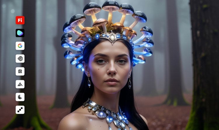 Obrázok ženy v lese, ktorá má na hlave žiariacu čelenku z húb. Obrázok je prekrytý ikonami reprezentujúcimi rôzne AI modely dostupné v nástroji Firefly.