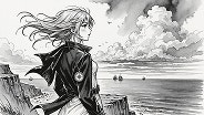 Anime postava v štýle kresby perom a atramentom s vlajúcimi vlasmi a náhrdelníkom s kompasom, ktorá hľadí na dramatickú oceánsku scenériu.