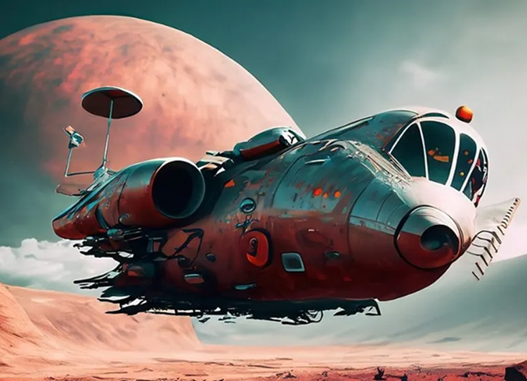 Obrázok vygenerovaný na základe AI príkazu zobrazujúci retro-futuristickú vzducholoď vznášajúcu sa nad červenou púšťou pod veľkým ružovým mesiacom