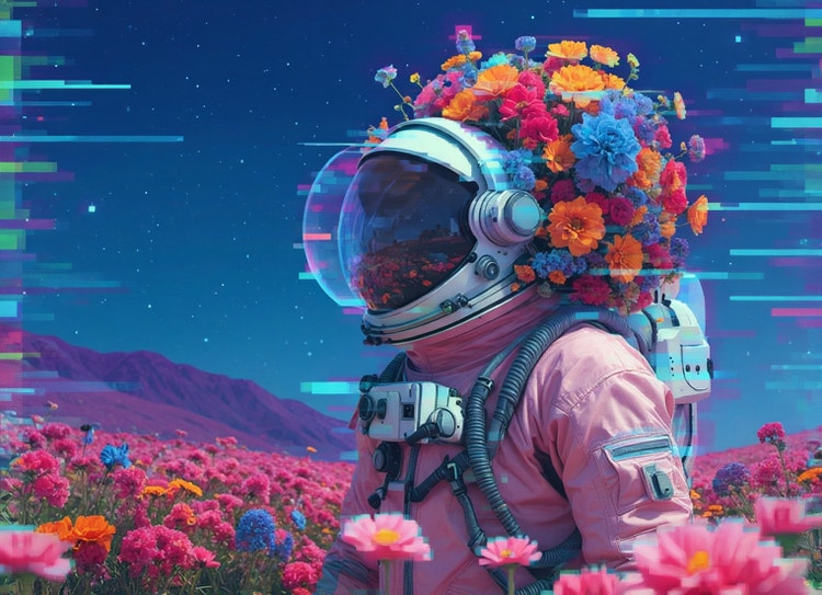 Obrázok osoby, ktorá má astronautskú prilbu pokrytú korunou pestrofarebných kvetov a stojí na jasnom modrom pozadí, v grafickom štýle glitch.