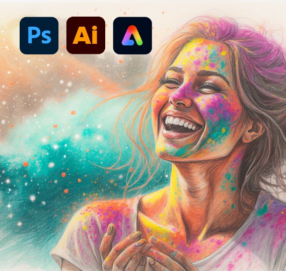 Živý obrázok ženy s farebným práškom na tvári a magickým efektom rozostrenia vygenerovaný pomocou AI a prekrytý ikonami aplikácií Photoshop, Illustrator a Adobe Express.