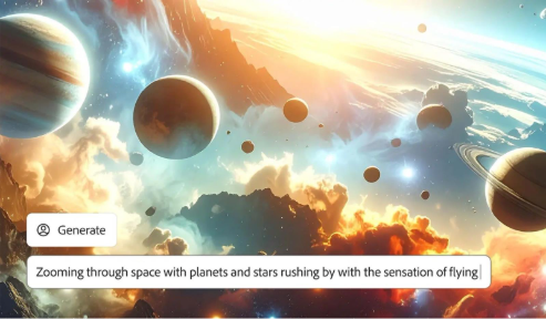 Obrázok vesmíru, planét a hviezd vygenerovaný umelou inteligenciou s rozhraním AI generátora videí s textovým príkazom na ovládanie pohybu