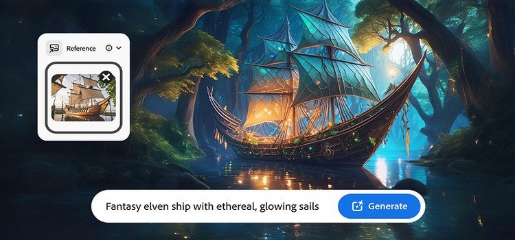 Rozhranie AI generátora obrázkov z obrázkov zobrazujúce referenčnú fotografiu klasickej plachetnice, textový príkaz a výslednú fantasy elfskú loď vygenerovanú pomocou AI.