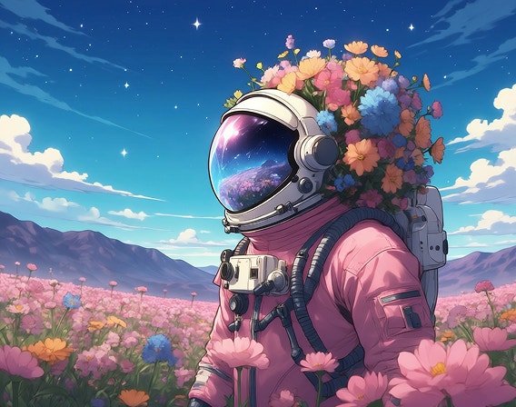 Anime obrázok osoby, ktorá má astronautskú prilbu pokrytú korunou pestrofarebných kvetov a stojí na jasnom modrom pozadí.