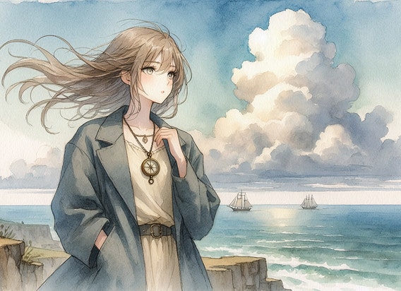 Mimoriadne detailná anime ilustrácia mladej ženy s vlajúcimi vlasmi a vintage náhrdelníkom s kompasom, ktorá stojí na útese s výhľadom na rozľahlý oceán, pričom vietor jej nadvihuje veľký kabát, obloha sa zlieva s pozadím, viditeľná textúra papiera, objemné mraky, vzdialené plachetnice na obzore, filmová širokouhlá kompozícia, anime ilustrácia, akvarelový štýl