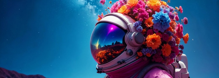 Fotografia osoby, ktorá má astronautskú prilbu pokrytú korunou pestrofarebných kvetov a stojí na jasnom modrom pozadí, vygenerovaná umelou inteligenciou.
