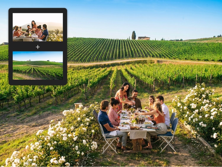 Skupina priateľov spoločne stoluje pri stole medzi radmi viniča. Scéna vznikla spojením referenčných obrázkov stretnutia pod holým nebom a slnkom zaliatej vinice.
