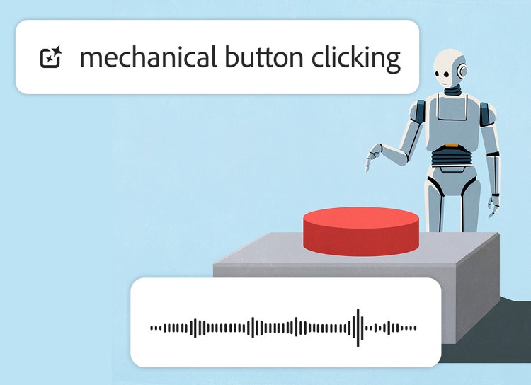 Ilustrácia humanoidného robota, ktorý stláča obrovské červené tlačidlo s príkazom Mechanické kliknutie tlačidla.