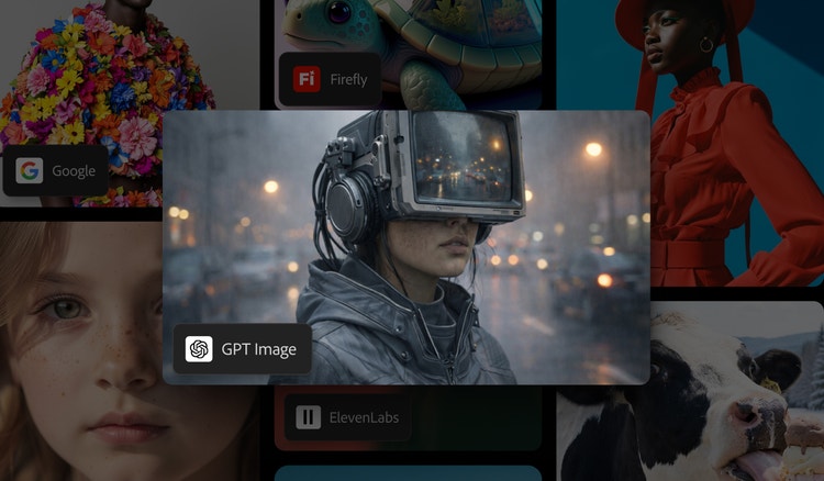Osoba na sivej mestskej ulici má nasadenú cyberpunkovú helmu s videoobrazovkou na očiach. Obrázok vygenerovaný pomocou modelu GPT Image 2 v nástroji Firefly.