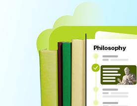 Green illustration of a philosophy study guide. Books stacked behind.