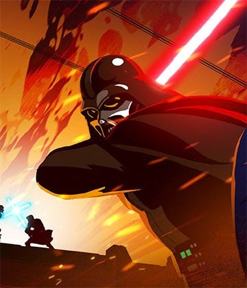 A cartoon Darth Vader and lightsaber