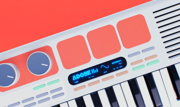 A modern electronic keyboard set against a striking red backdrop