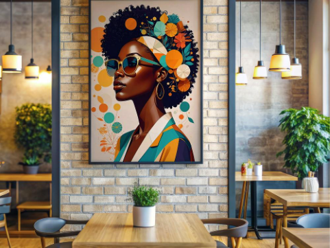 Modern café interior with tables and hanging lights, featuring a framed stylized portrait illustration displayed on a brick wall.