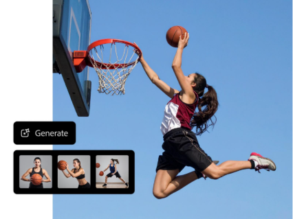 Woman in maroon jersey playing basketball outside with preview of three image variations in AI image generator