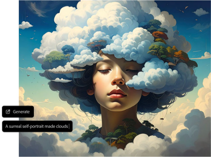 Surreal illustrated portrait of a person with clouds forming their hair and surrounding their face, with a Generate button and a prompt label reading, “A surreal self-portrait made clouds.”