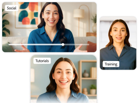 AI-generated avatar shown in multiple video formats labeled "Social," "Tutorials," and "Training."